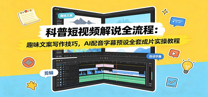 科普短视频解说全流程：趣味文案写作技巧，AI配音字幕预设全套成片实操教程-海淘下载站