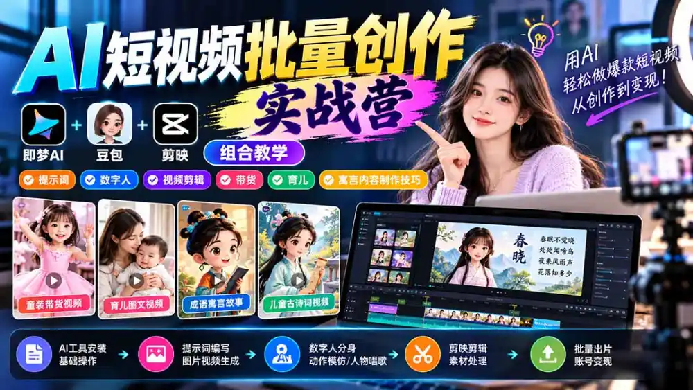 【无水印】AI短视频批量创作实战营:即梦+豆包+剪映组合教学,提示词/数字人/视频剪辑/带货/育儿/寓言内容制作技巧-海淘下载站