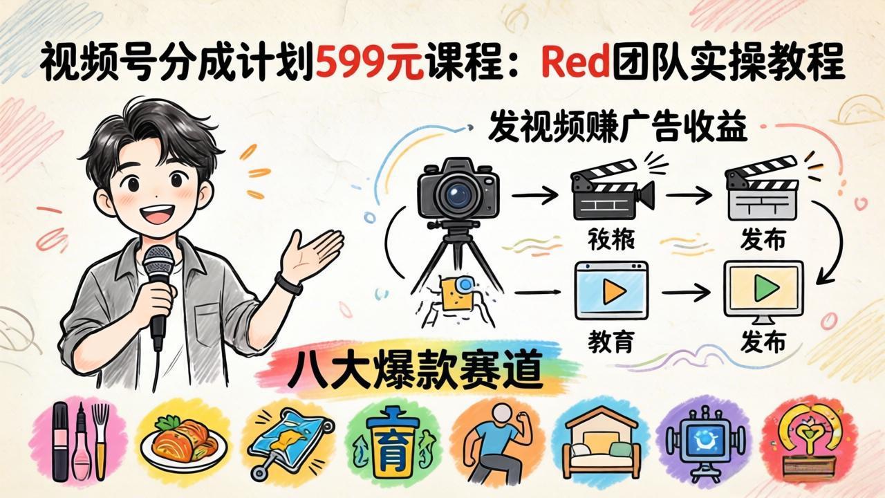 视频号分成计划599元课程：Red团队实操教程，发视频赚广告收益，八大爆款赛道全掌握-海淘下载站
