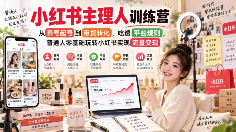 小红书主理人训练营,从养号起号到带货转化,吃透平台规则,普通人零基础玩转小红书实现流量变现-海淘下载站