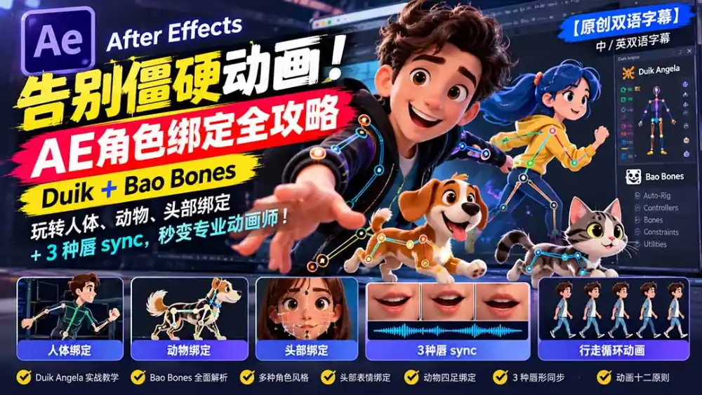 【无水印】告别僵硬动画！AE 角色绑定全攻略：Duik+Bao Bones玩转人体/动物/头部绑定+3种唇sync，秒变专业动画师-海淘下载站