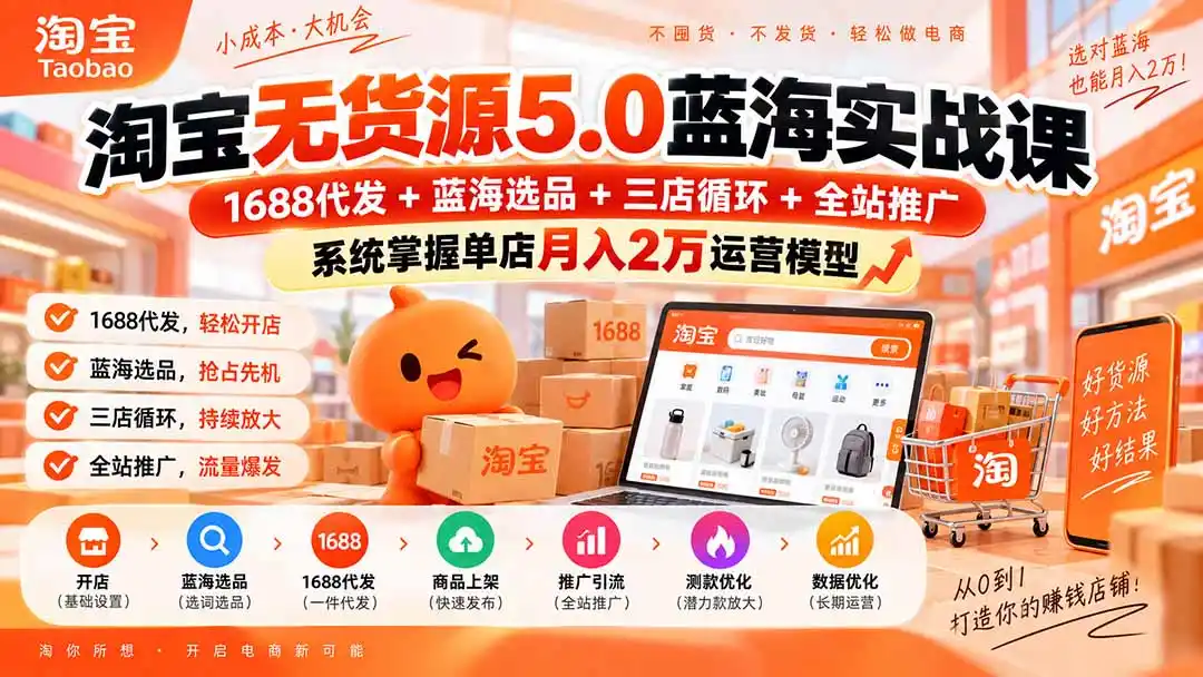 淘宝无货源5.0蓝海实战课-更新：1688代发+蓝海选品+三店循环+全站推广，系统掌握单店月入2万运营模型-海淘下载站