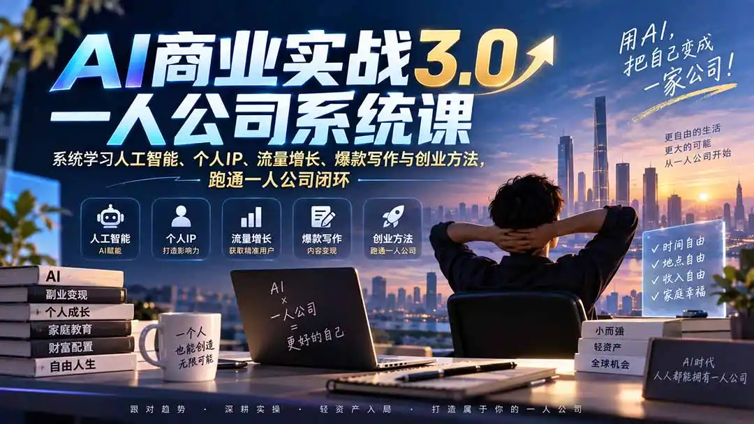 AI商业实战3.0一人公司系统课：系统学习人工智能、个人IP、流量增长、爆款写作与创业方法，跑通一人公司闭环-海淘下载站