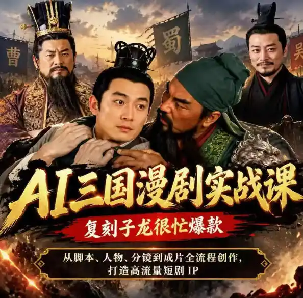 抖音14W粉博主同款AI三国漫剧实战课，复刻子龙很忙爆款，从脚本、人物、分镜到成片全流程创作，打造高流量短剧IP-海淘下载站