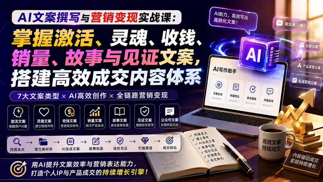 AI文案撰写与营销变现实战课：掌握激活、灵魂、收钱、销量、故事与见证文案，搭建高效成交内容体系-海淘下载站