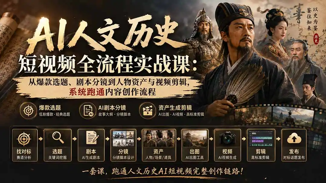 AI人文历史短视频全流程实战课-更新：从爆款选题、剧本分镜到人物资产与视频剪辑，系统跑通内容创作流程-海淘下载站