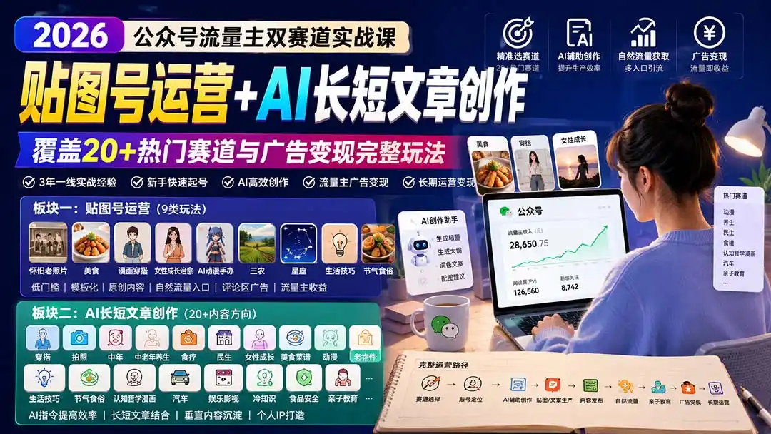 公众号流量主双赛道实战课:贴图号运营+AI长短文章创作,覆盖20+热门赛道与广告变现完整玩法-海淘下载站