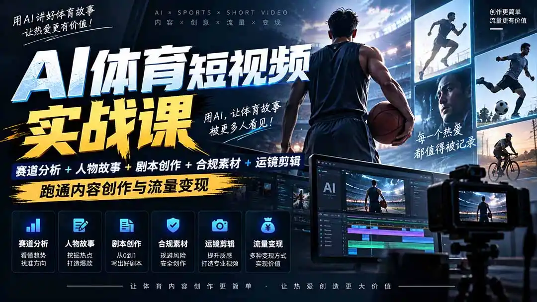 AI体育短视频赛道顶级玩法|赛道分析+人物故事+剧本创作+版权处理+运镜剪辑,跑通流量变现-日赚1K+-海淘下载站