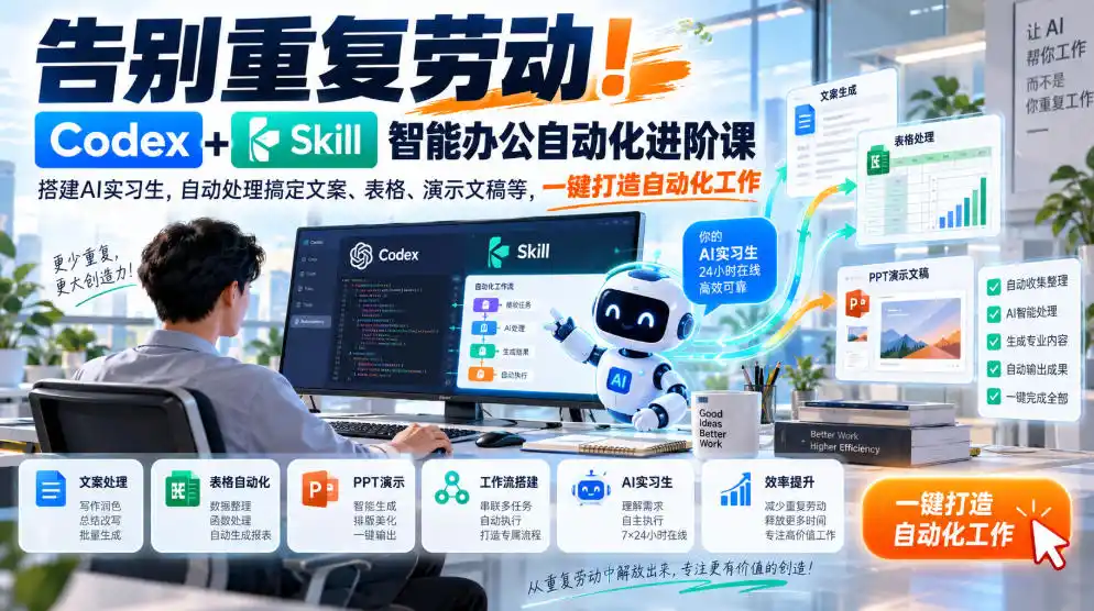 告别重复劳动!Codex+Skill智能办公自动化进阶课|搭建AI实习生,自动处理搞定文案、表格、演示文稿等,一键打造自动化工作-海淘下载站