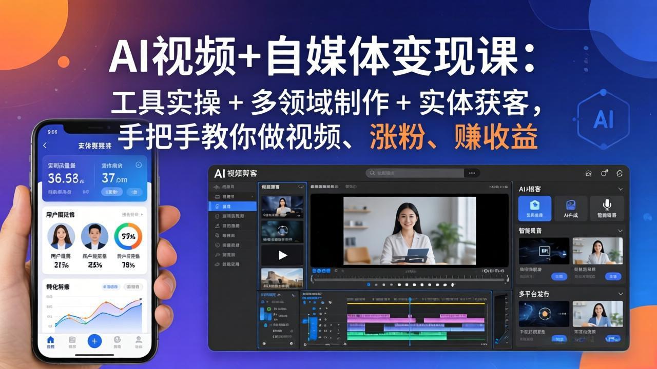 AI视频+自媒体变现课：工具实操 + 多领域制作 + 实体获客，手把手教你做视频、涨粉、赚收益-海淘下载站