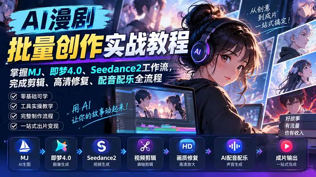 AI漫剧批量创作实战教程：掌握MJ、即梦4.0、Seedance2工作流，完成剪辑、高清修复、配音配乐全流程-海淘下载站