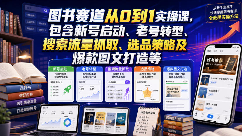 图书赛道从0到1实操课，包含新号启动、老号转型、搜索流量抓取、选品策略及爆款图文打造等-海淘下载站