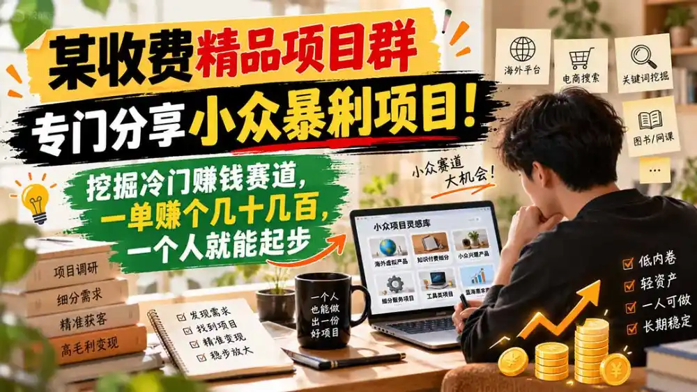 某收费精品项目群,专门分享小众暴俐项目!挖掘冷门赚钱赛道,一单赚个几十几百,一个人就能起步-海淘下载站