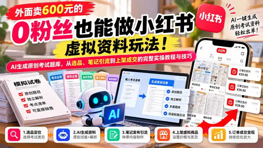 外面卖600元的 零粉丝也能做小红书虚拟资料玩法！AI生成原创考试题库，从选品、笔记引流到上架成交的完整实操教程-海淘下载站