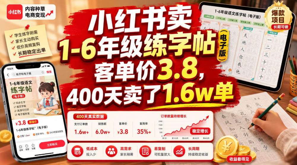 小红书卖1-6年级练字帖(电子版)，客单价3.8，400天卖了1.6w单-海淘下载站