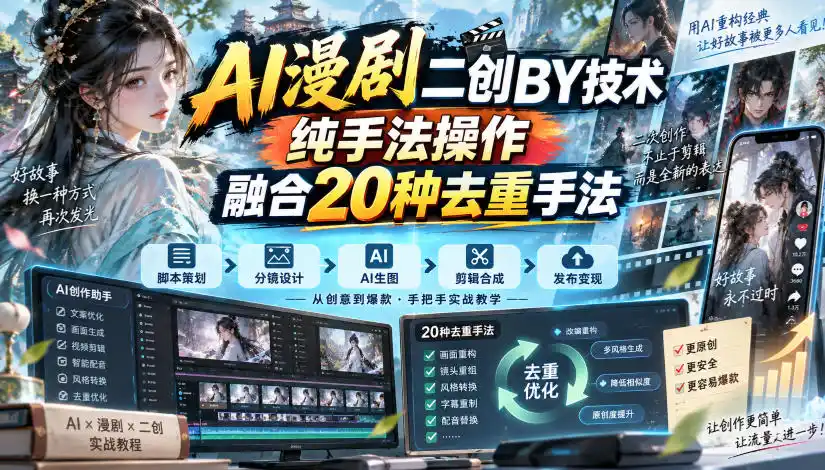 AI漫剧二创搬运技术，纯手法操作，融合20种去重手法-海淘下载站