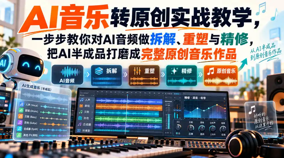 AI音乐转原创实战教学,一步步教你对AI音频做拆解、重塑与精修,把AI半成品打磨成完整原创音乐作品-海淘下载站