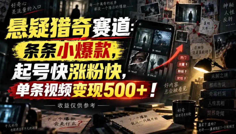 悬疑猎奇赛道：条条小爆款，起号快涨粉快，单条视频变现500+！收益仅供参考-海淘下载站