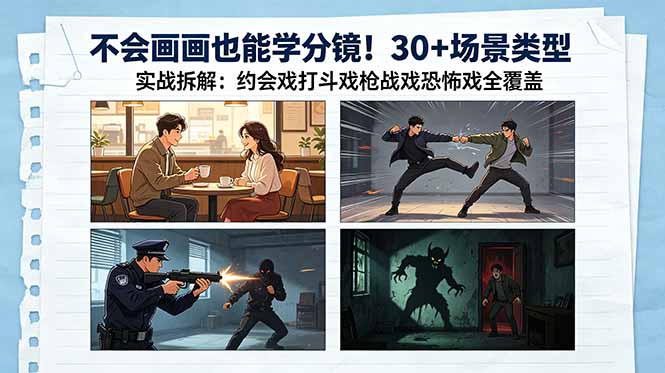 不会画画也能学分镜！30+场景类型实战拆解：约会戏打斗戏枪战戏恐怖戏全覆盖-海淘下载站