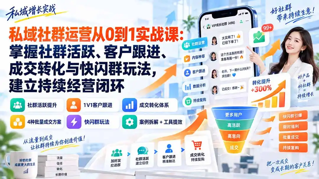 私域社群运营从0到1实战课：掌握社群活跃、客户跟进、成交转化与快闪群玩法，建立持续经营闭环-海淘下载站