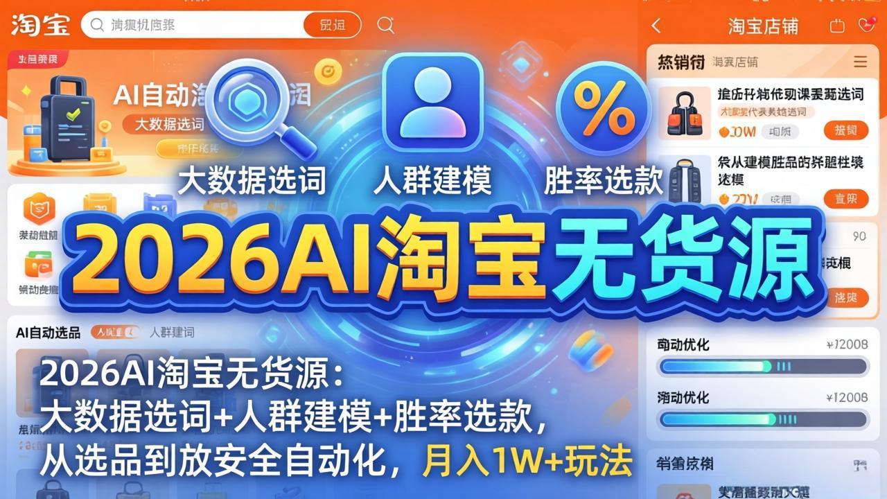 2026AI淘宝无货源-4月更新：大数据选词+人群建模+胜率选款，从选品到放大全自动化，月入1W+玩法-海淘下载站