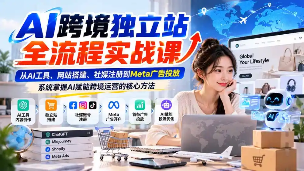 AI跨境独立站全流程实战课:从AI工具、网站搭建、社媒注册到Meta广告投放,系统掌握AI赋能跨境运营的核心方法 AI跨境独立站全流程实战课:从AI工具、网站搭建、社媒注册到Meta广告投放,系统掌握AI赋能跨境运营的核心方法