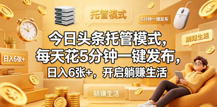 今日头条托管模式，每天花5分钟一键发布，日入6张+，开启躺賺生活【揭秘】-海淘下载站