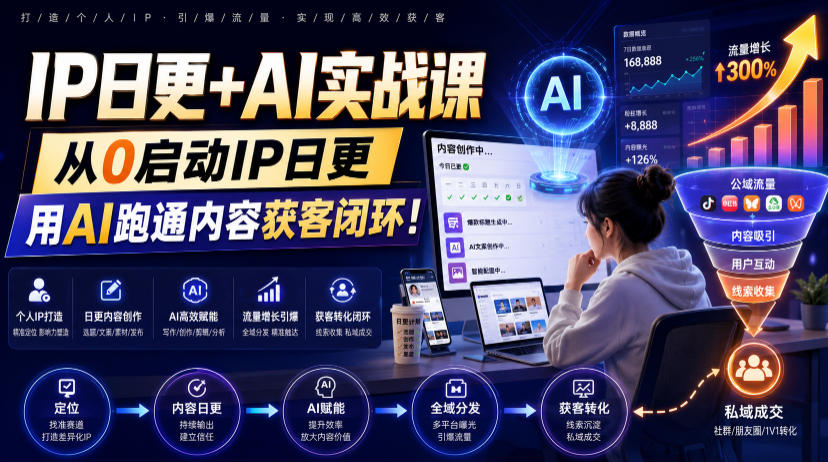 IP日更+AI实战课,从0启动IP日更,IP置顶视频制作+100条选题库搭建+10条日更规划,用AI跑通内容获客闭环!-海淘下载站