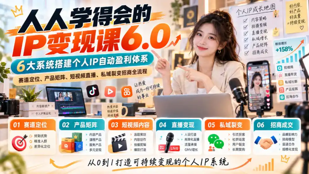 人人学得会的IP变现课6.0,6大系统搭建个人IP自动盈利体系,赛道定位、产品矩阵、短视频直播、私域裂变招商全流程-海淘下载站