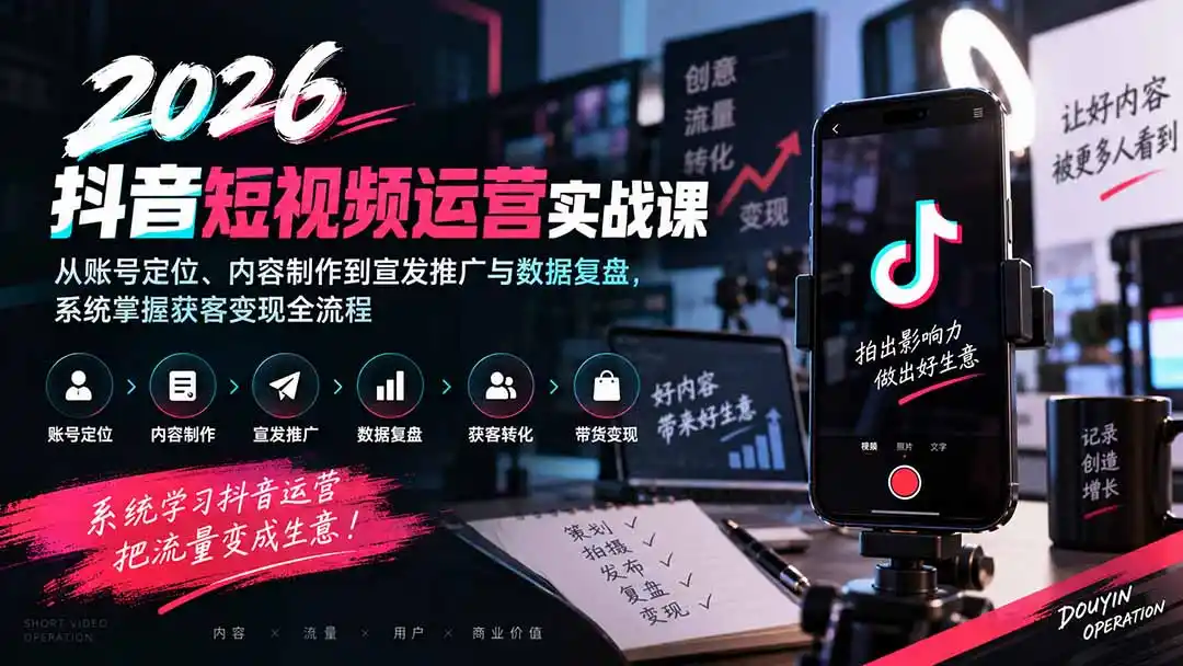 2026抖音短视频运营实战课：从账号定位、内容制作到宣发推广与数据复盘，系统掌握获客变现全流程-海淘下载站