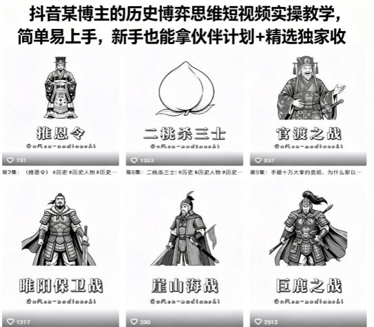 抖音某博主的历史博弈思维短视频实操教学，简单易上手，新手也能拿伙伴计划+精选独家收益-海淘下载站