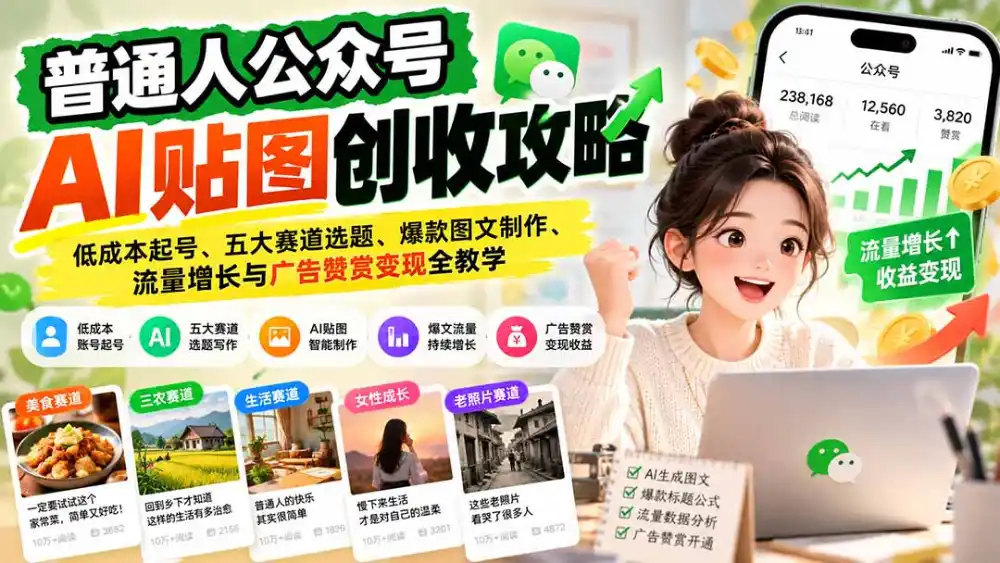 普通人公众号AI贴图创收攻略:低成本起号、五大赛道选题、爆款图文制作、流量增长与广告赞赏变现全教学-海淘下载站