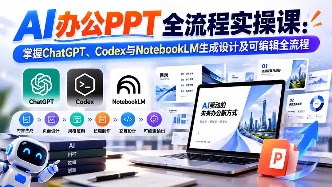 【无水印】AI办公PPT全流程实操课： 掌握ChatGPT、Codex与NotebookLM生成设计及可编辑全流程-海淘下载站