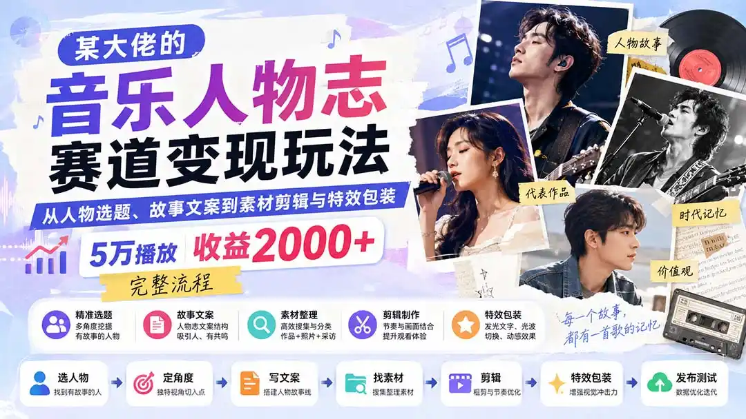 某大佬的音乐人物志赛道变现玩法：从人物选题、故事文案到素材剪辑与特效包装，5万播放收益2000+完整流程-海淘下载站