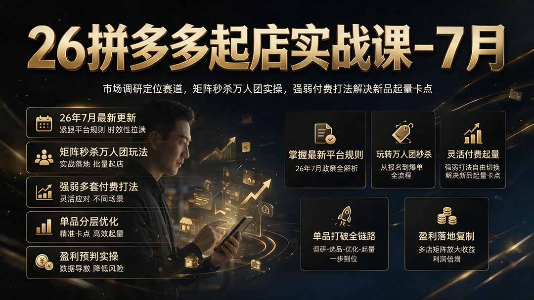 26拼多多起店实战课-7月｜市场调研定位赛道，矩阵秒杀万人团实操，强弱付费打法解决新品起量卡点-海淘下载站