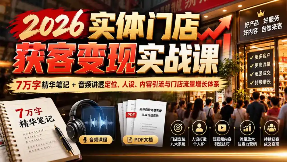 2026实体门店获客变现实战课：7万字精华笔记+音频讲透定位、人设、内容引流与门店流量增长体系-海淘下载站