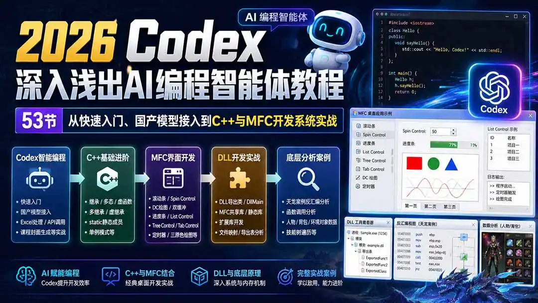 2026 Codex深入浅出AI编程智能体教程：53节从快速入门、国产模型接入到C++与MFC开发系统实战-海淘下载站