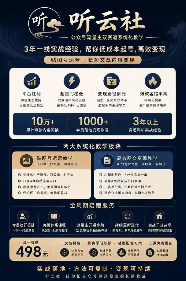 听云社公众号流量主双赛道系统化教学,3年一线实战经验,帮你低成本起号,高效变现,贴图号运营+长短文章内容变现-海淘下载站