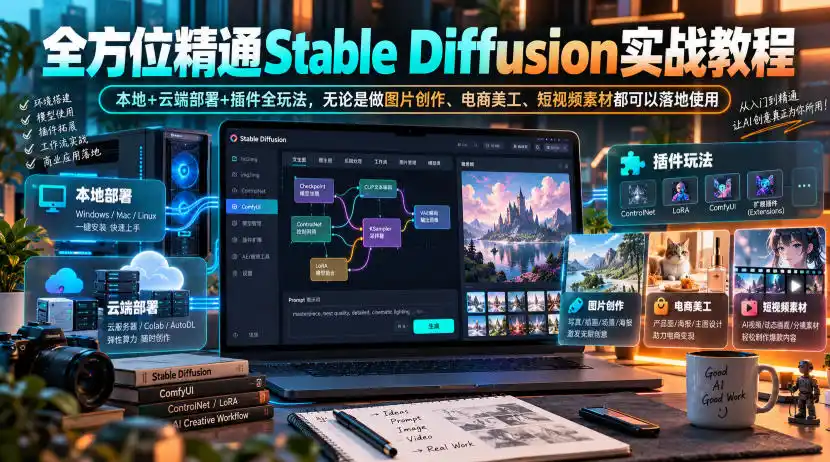 全方位精通Stable Diffusion实战教程|本地+云端部署+插件全玩法,无论是做图片创作、电商美工、短视频素材都可以落地使用-海淘下载站