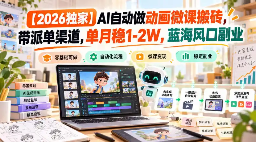 【2026独家】AI自动做动画微课搬砖,带派单渠道,单月稳1-2W,蓝海风口副业【揭秘】-海淘下载站