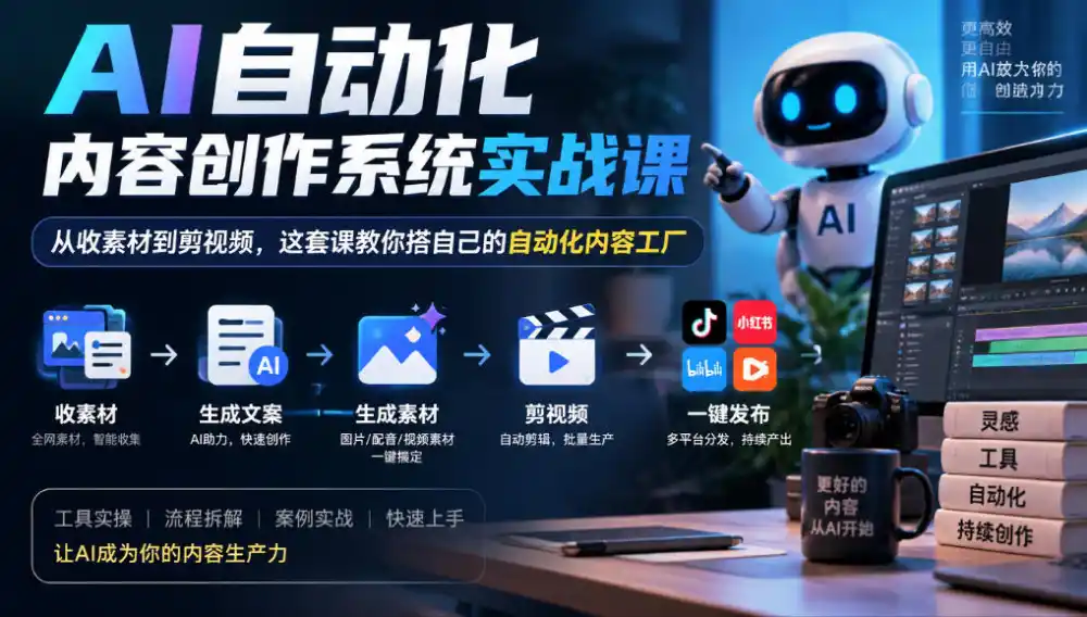 AI自动化内容创作系统实战课,从收素材到剪视频,这套课教你搭自己的自动化内容工厂-海淘下载站