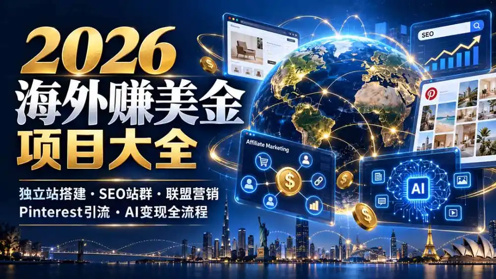 2026海外赚美金项目大全:独立站搭建、SEO站群、联盟营销、Pinterest引流与AI变现全流程 2026海外赚美金项目大全:独立站搭建、SEO站群、联盟营销、Pinterest引流与AI变现全流程