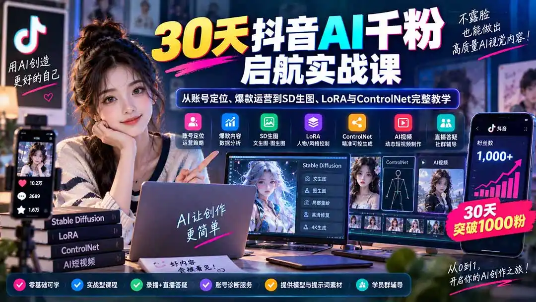 30天抖音AI千粉启航实战课：从账号定位、爆款运营到SD生图、LoRA与ControlNet完整教学-海淘下载站