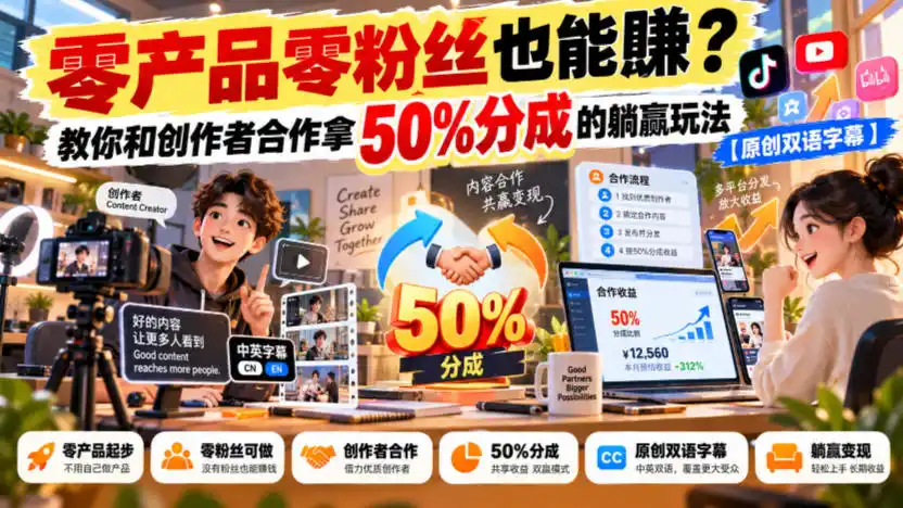 【无水印】零产品零粉丝也能賺?教你和创作者合作拿50%分成的躺赢玩法【原创双语字幕】-海淘下载站