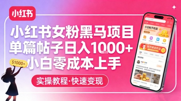 小红书女粉黑马项目，单篇帖子日入1k+，小白零成本上手-海淘下载站
