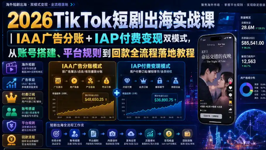 2026TikTok短剧出海实战课|IAA广告分账+IAP付费变现双模式,从账号搭建、平台规则到回款全流程落地教程-海淘下载站