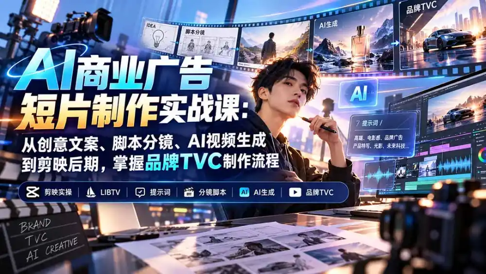 AI商业广告短片制作实战课:从创意文案、脚本分镜、AI视频生成到剪映后期,掌握品牌TVC制作流程-海淘下载站