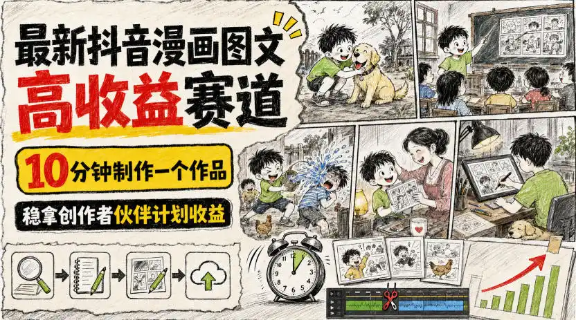 最新抖音漫画图文高收益赛道,10分钟制作一个作品,稳拿创作者伙伴计划收益-海淘下载站