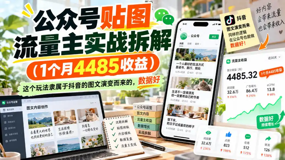 公众号贴图流量主实战拆解(1个月4485收益),这个玩法隶属于抖音的图文演变而来的,数据好-海淘下载站