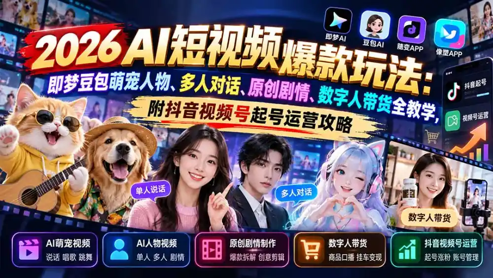 2026AI短视频爆款玩法：即梦豆包萌宠人物、多人对话、原创剧情、数字人带货全教学，附抖音视频号起号运营攻略-海淘下载站